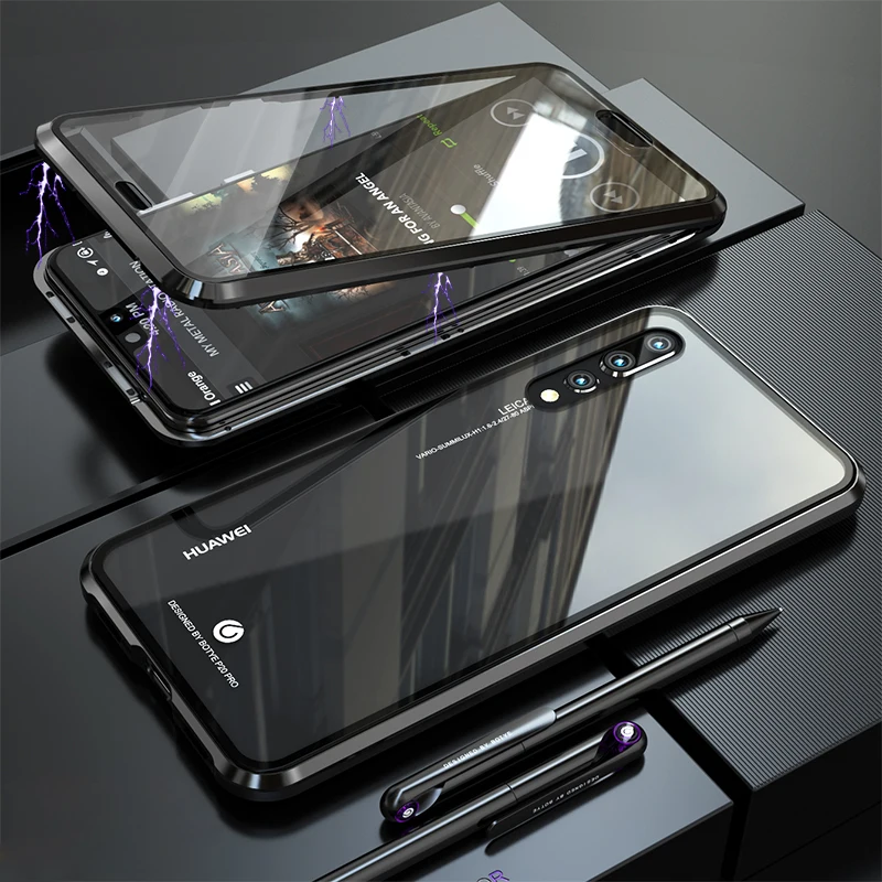 Стеклянный Магнитный чехол на переднюю и заднюю панель для Huawei P20 Pro прозрачный