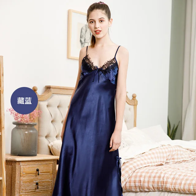 navyblue Сексуальная кружевная шелковая ночная рубашка, женская ночная рубашка без рукавов на бретелях, Женская шелковистая ночная рубашка для дома - Цвет: navyblue
