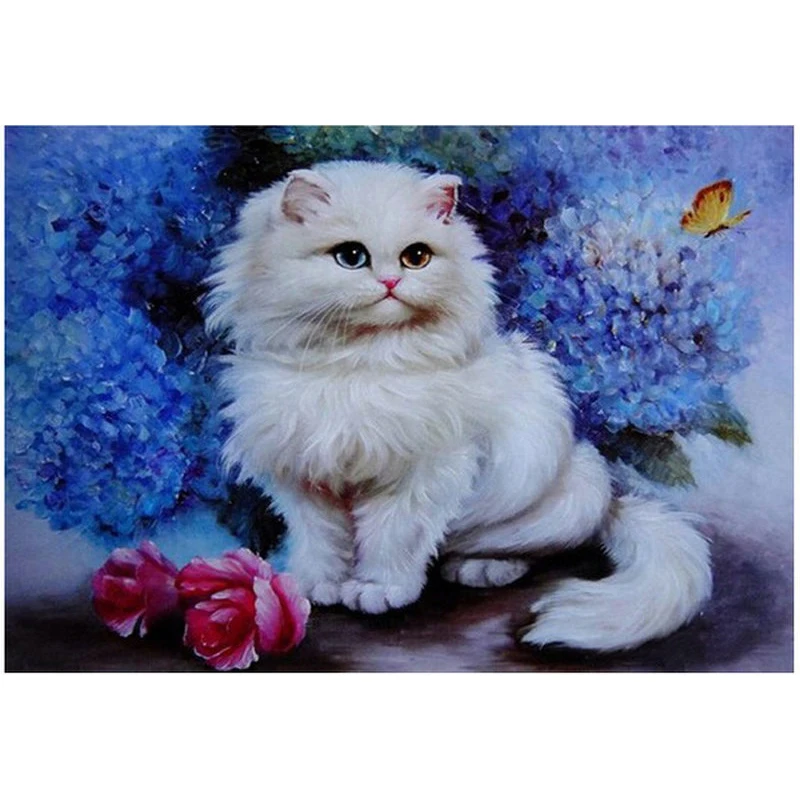 

YIKEE Diamond Embroidery White Cat Full Square Rhinestones Pictures Cross Stitch Mosaic House