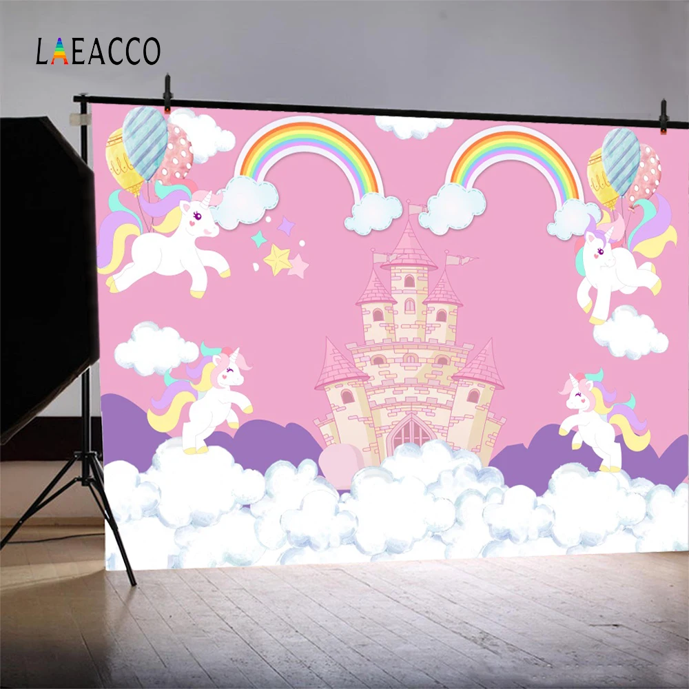 Laeacco Birthday Backdrops Castle Unicorn Rainbow Clouds Balloon Photography Backgrounds Baby Shower Photocall Newborn Photozone |