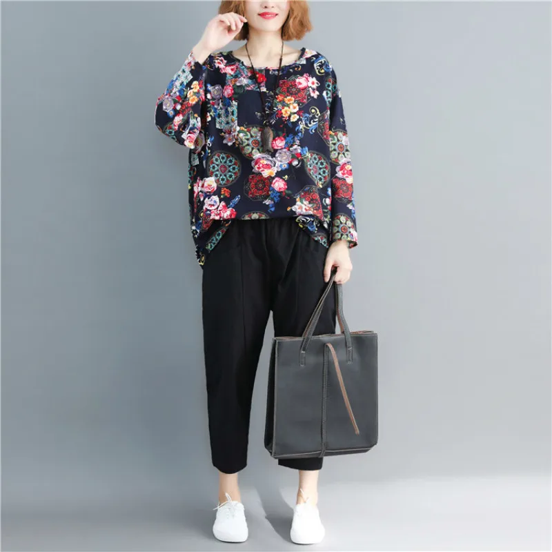 Twojstyle 2018 Autumn New Women's Cotton LinenTop Fashion Large Size Long Sleeve Round Collar Floral Printing Loose Top | Женская