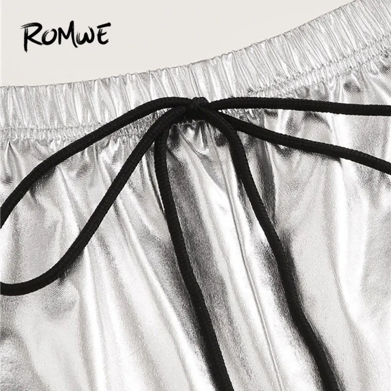 ROMWE Grey Knot Waist Contrast Binding Metallic Dolphin Shorts Women Athleisure Elastic Drawstring Waist Summer Shorts