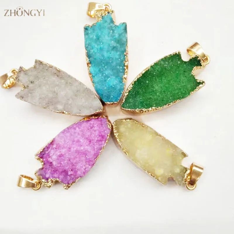 Snap Pendants for Necklaces Natural Gem Stone Ore Crystal Drusy Gilt Charms Women Jewelry Making Wholesale 5pcs | Украшения и