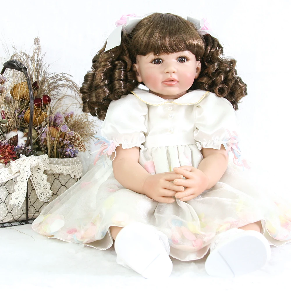 

NPK DOLL 58 cm soft Silicone reborn dolls, lifelike Curly princess doll reborn White lace dress Fashion big eyes Doll toy G08
