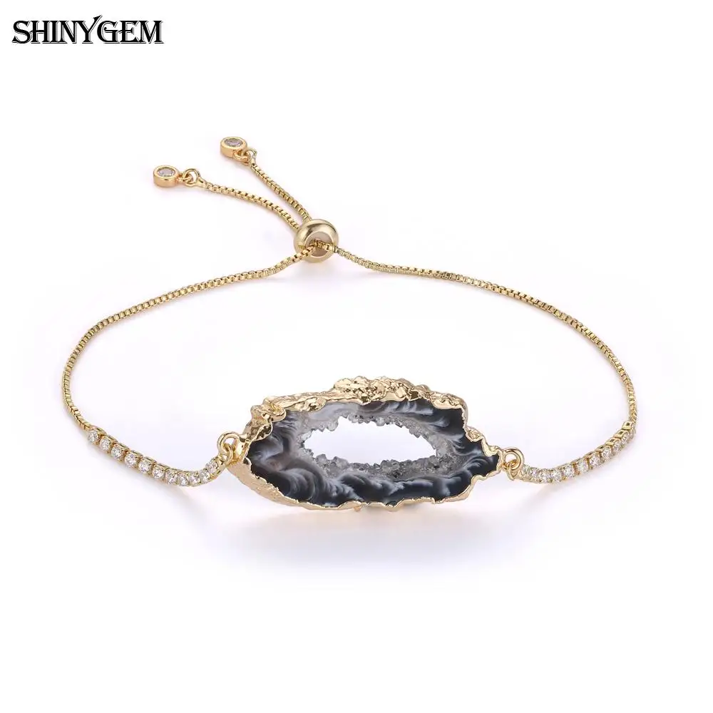 ShinyGem неровные Агаты браслет золото/серебро обернутый Агаты ломтик браслет ручной работы Регулируемый камень браслеты для женщин