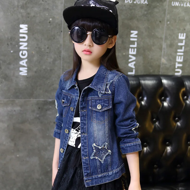 

Spring And Autumn Casual Girls Denim Jackets Star Patchwork Children Jean Coats Wash Distressed Kids Outwear 5T-14T Years