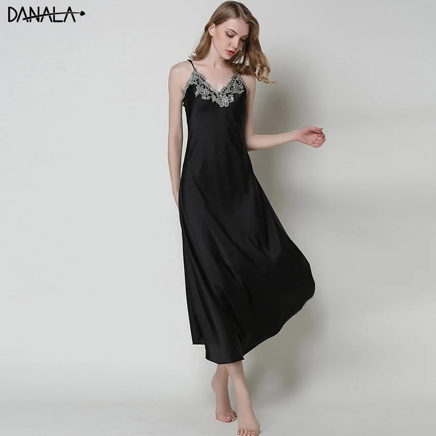 DANALA сексуальное кружевное Женское ночное платье Летнее шелковое атласное с v