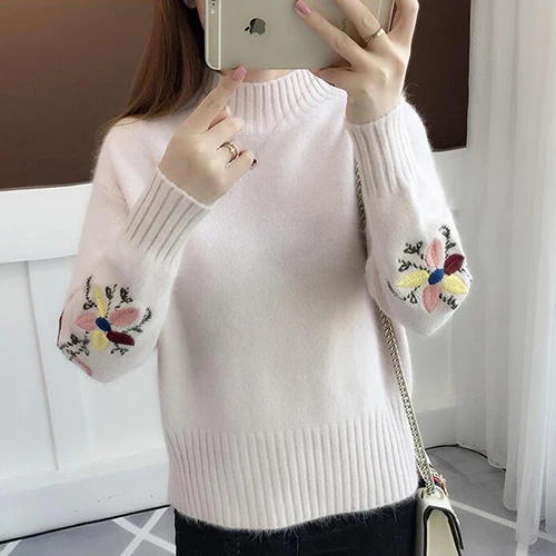 light pink Женский вязаный свитер с длинным рукавом TIGENA, водолазка, теплый джемпер для женщин на зиму - Цвет: light pink