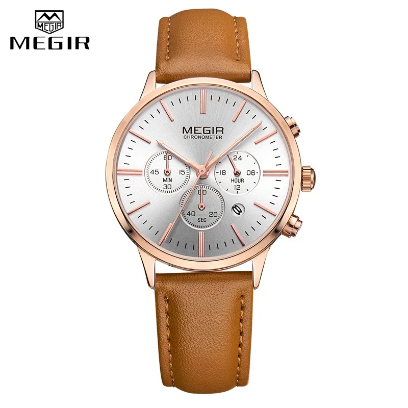 Brown Gold MEGIR Роскошные женские кварцевые часы Топ бренд дамы хронограф ультра тонкие часы леди водонепроницаемый браслет наручные часы для женщин - Цвет: Brown Gold