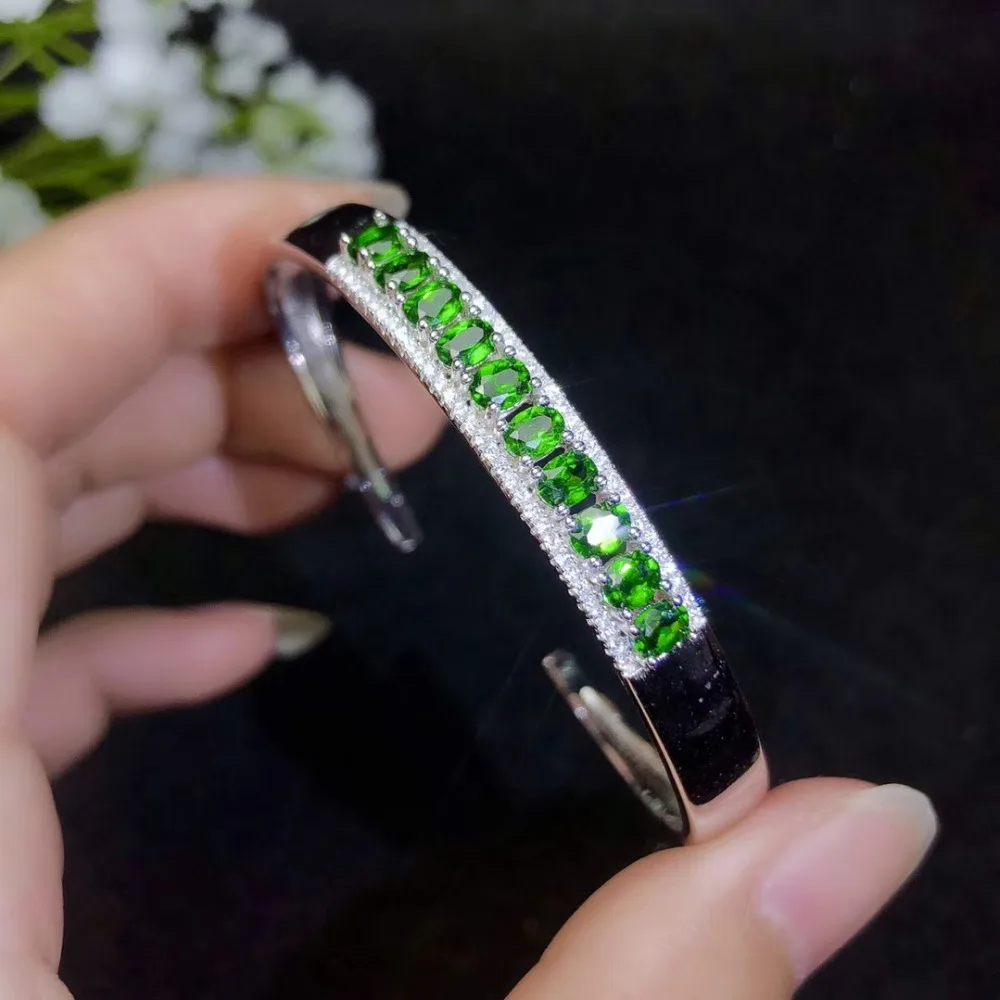 

Natural green diopside gem bangle S925 silver natural gemstone bangle Fashion elegance round Row woman birthday gift jewelry
