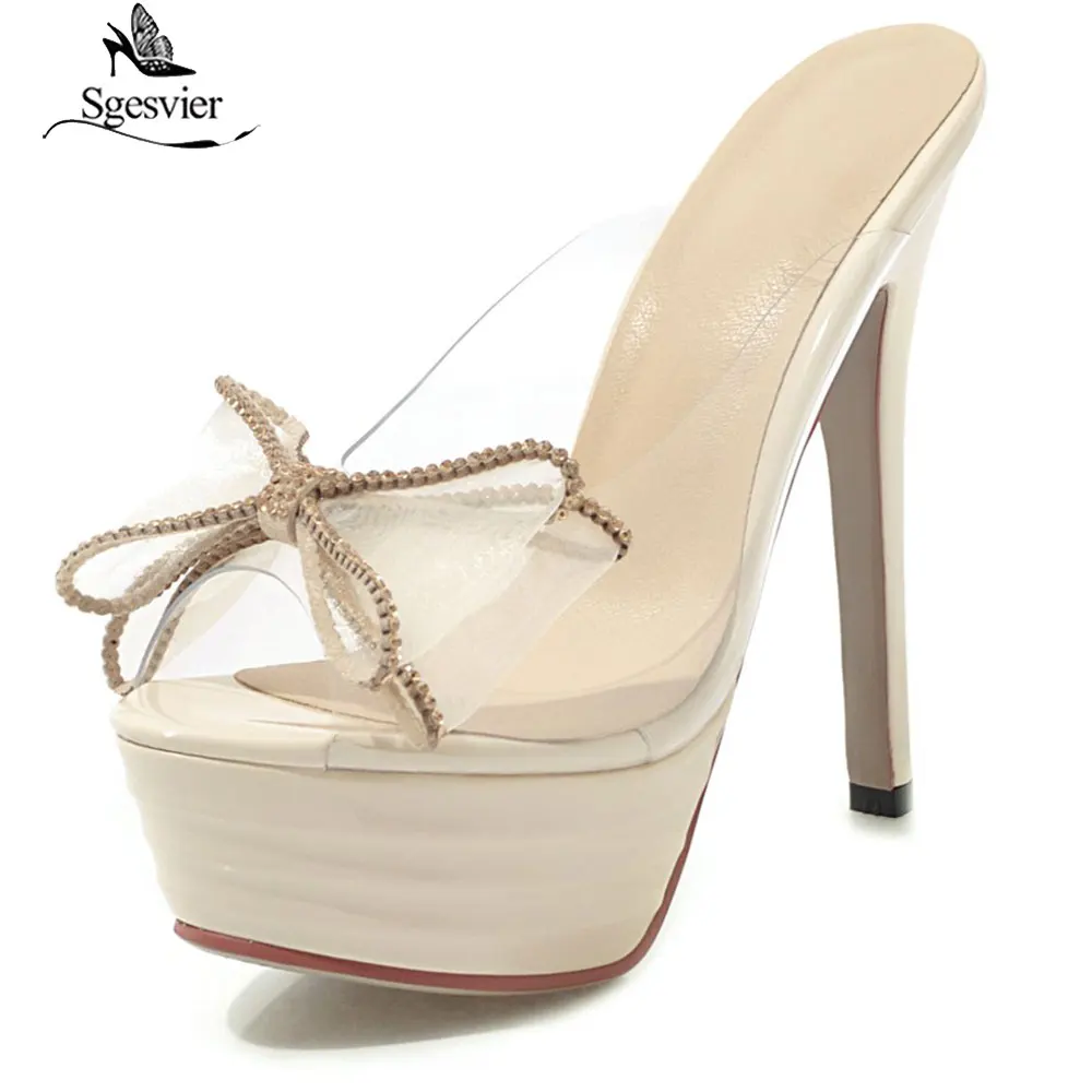 

Sgesvier 2019 New Bowtie Transparent Platform Sandals Female Stiletto High Heels Summer Shoes Peep Toe Party Slides Sandal G280