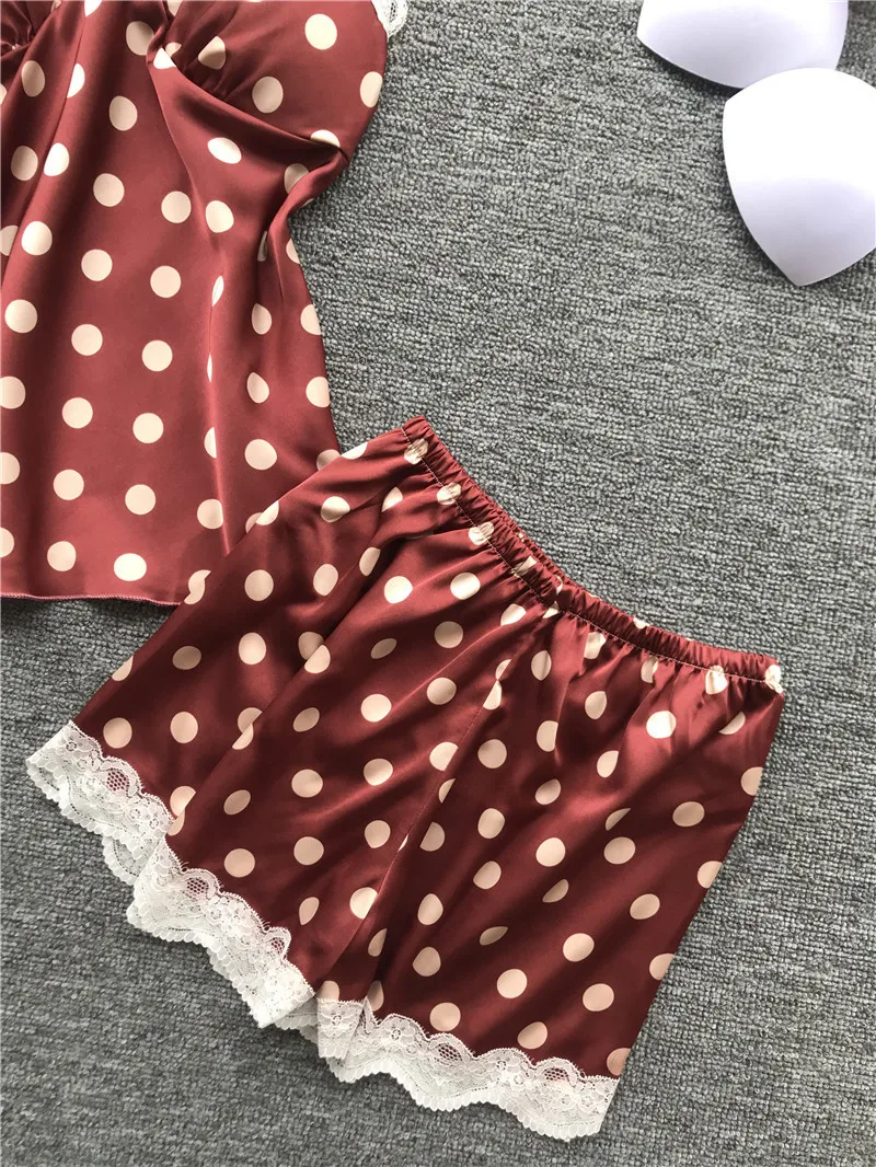 Printing Polka Dot Spaghetti Strap With Chest Pad Women Pajamas V-Neck Sexy Lace Female Lingerie