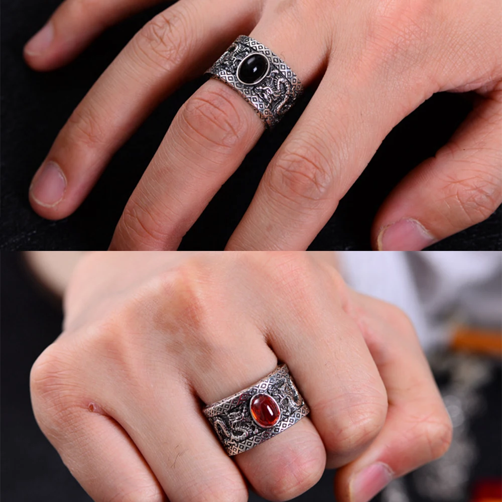 

MetJakt Punk Men's Garnet Ring Double Dragon Play Beads Solid 925 Sterling Silver Ring for Cool Men Personality Style Jewelry