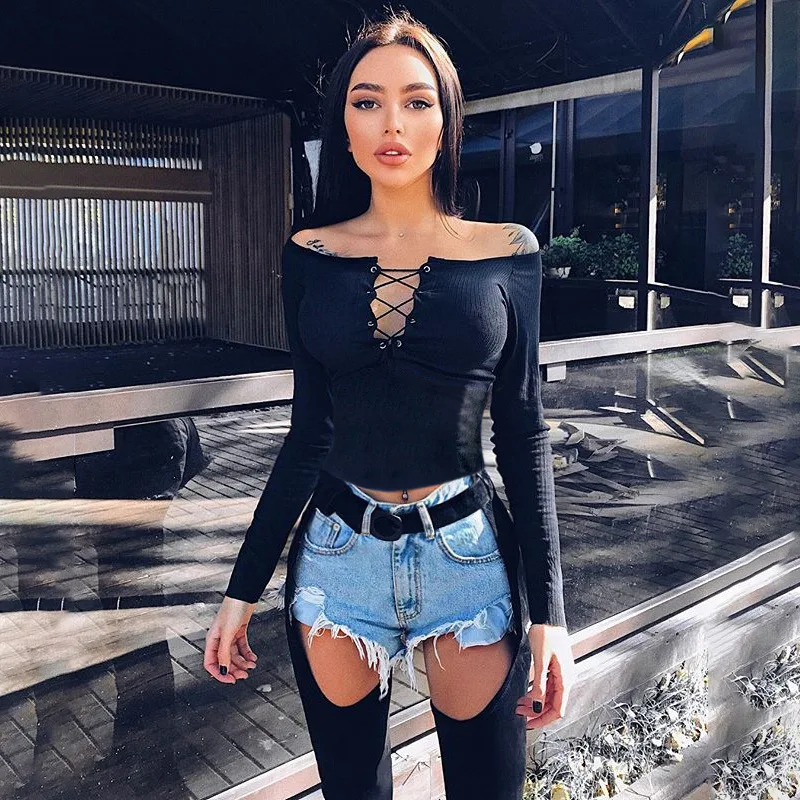 Sexy Lace Up Женщины укороченный Топ Футболка 2018 осень с длинным рукавом футболки