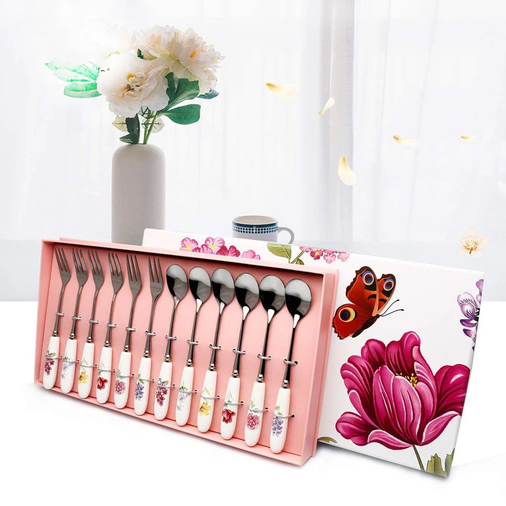 12 шт десертные столовые приборы набор ложка и вилка Трава Сад керамическая