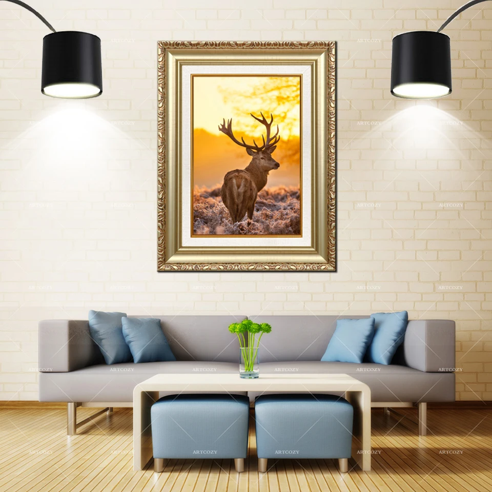 

Artcozy Golden Frame Abstract Sunset Deer For Wedding Decoration Waterproof Canvas Painting