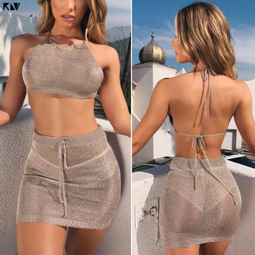 KLV 2019 2PCS Women Summer Beach Sexy See Through Bodycon Halter Bikini Cover-up Knitted Bandage Beachwear Mini Dress | Женская одежда