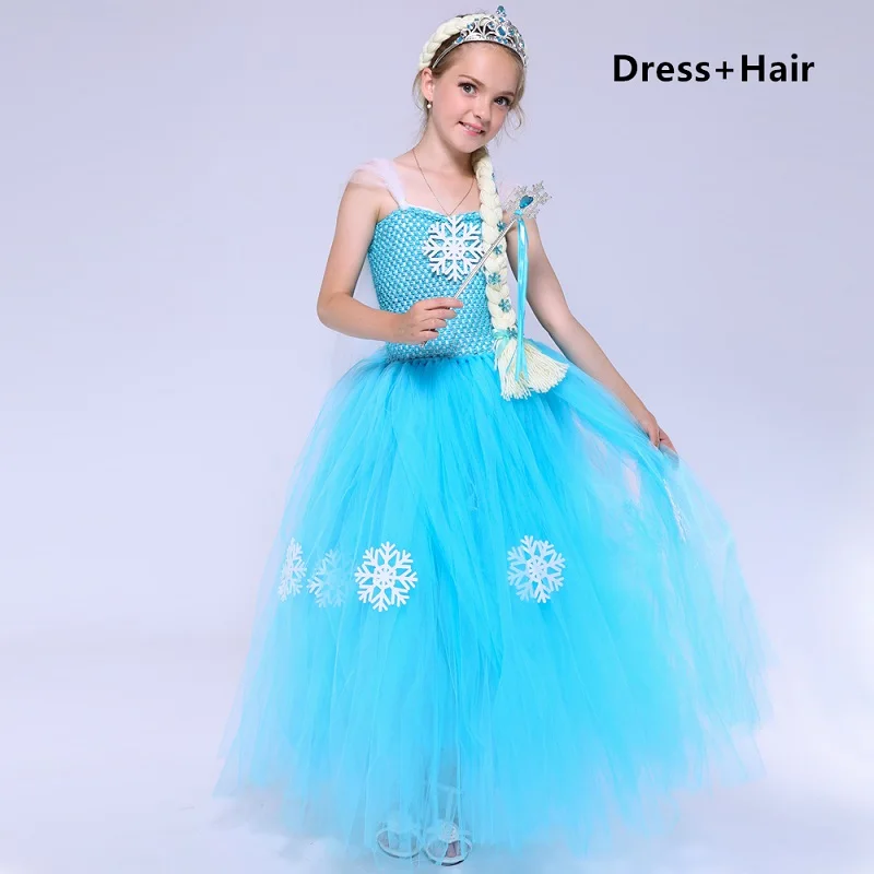 Dress and Hair Платье-пачка «Королева Эльза», Тюлевое платье снежной хлопковой расцветки, платье принцессы для девочек, голубое платье для дня рождения, Детский Рождественский костюм на Хэллоуин - Цвет: Dress and Hair