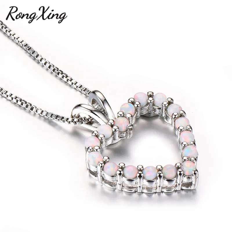 RongXing Fashion Full Stone Heart Pendants White Fire Opal Birthstone Necklaces For Women Silver Color Choker Jewelry New | Украшения и