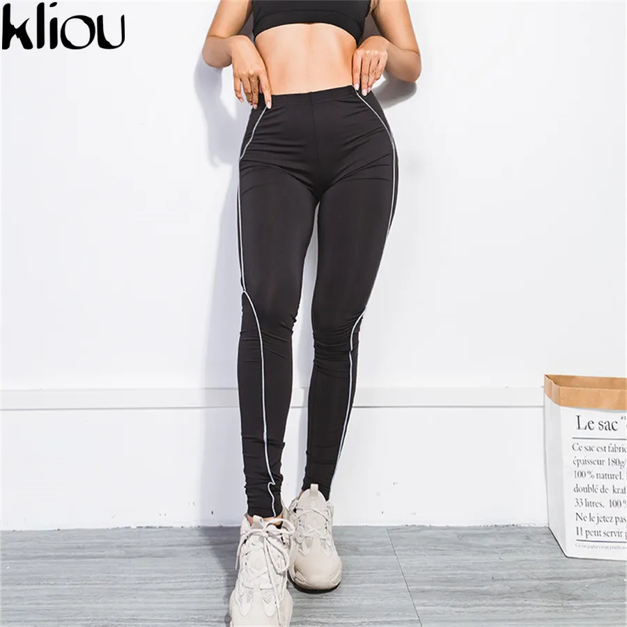 Kliou Новые женские модные длинные облегающие однотонные эластичные леггинсы штаны со светоотражающими вставками спортивные брюки для фитнеса
