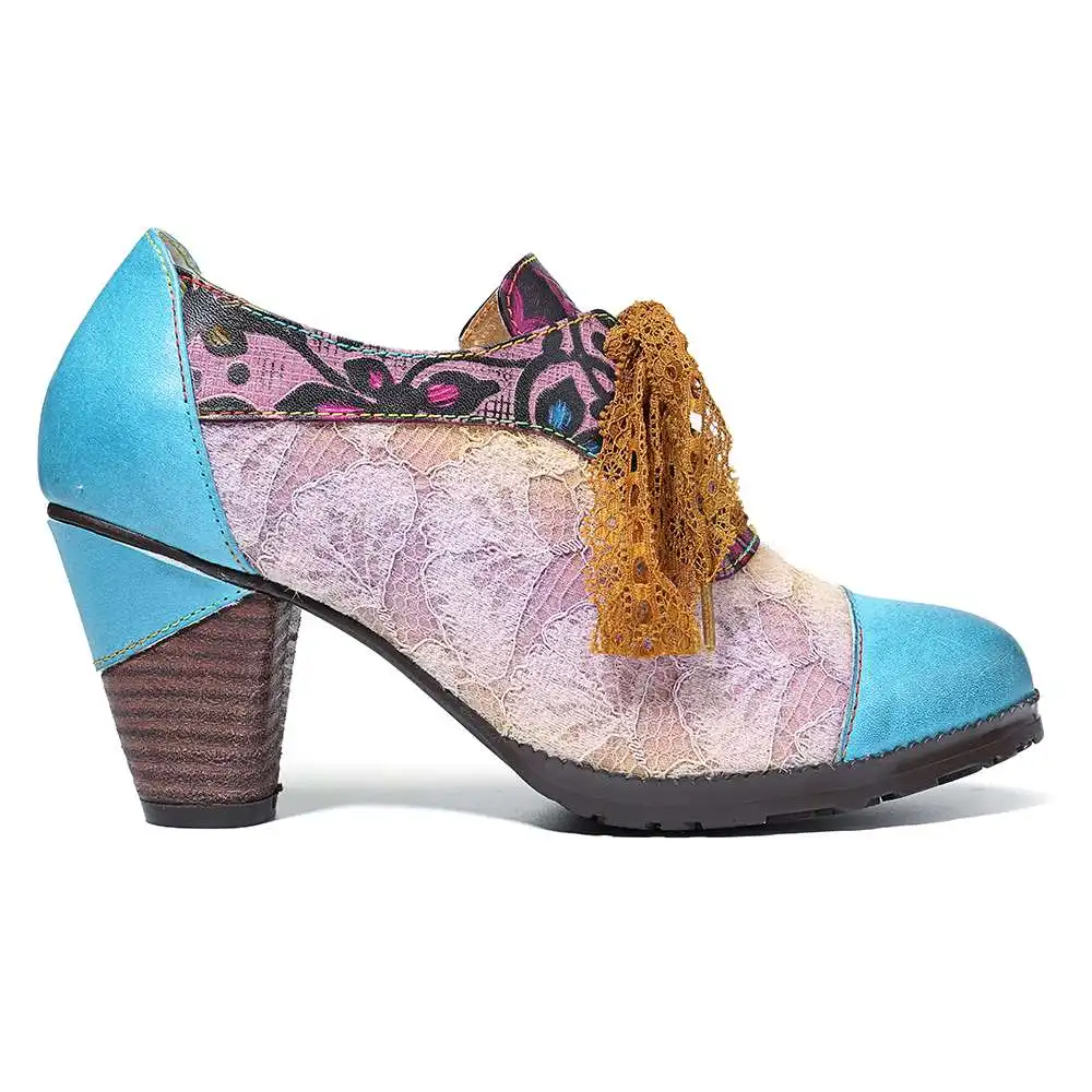 SOCOFY Elegance Genuine Sandals WomenLeather Splicing Lace Retro Pattern Comfortable Lace Up Pumps Elegant Shoes Woman