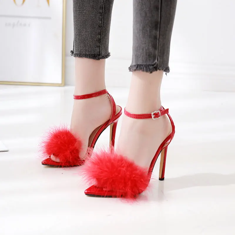 GENSHUO туфли на высоком тонком каблуке; Sandalias sapatos femininos; римские Туфли-гладиаторы с открытым носком; женские туфли на шпильке с ремешком на щиколотке; Цвет черный, красный
