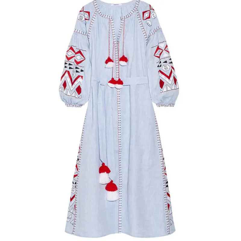 Платья из хлопка и льна на осень зиму 2018 винтажный этнический фонарь с кисточками