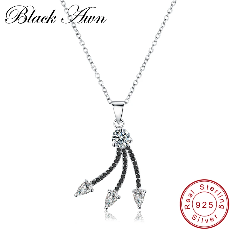 

[BLACK AWN] Genuine 100% 925 Sterling Silver Slide Necklace Women Jewelry Water-Drop Bijoux Femme Necklaces&Pendants P097