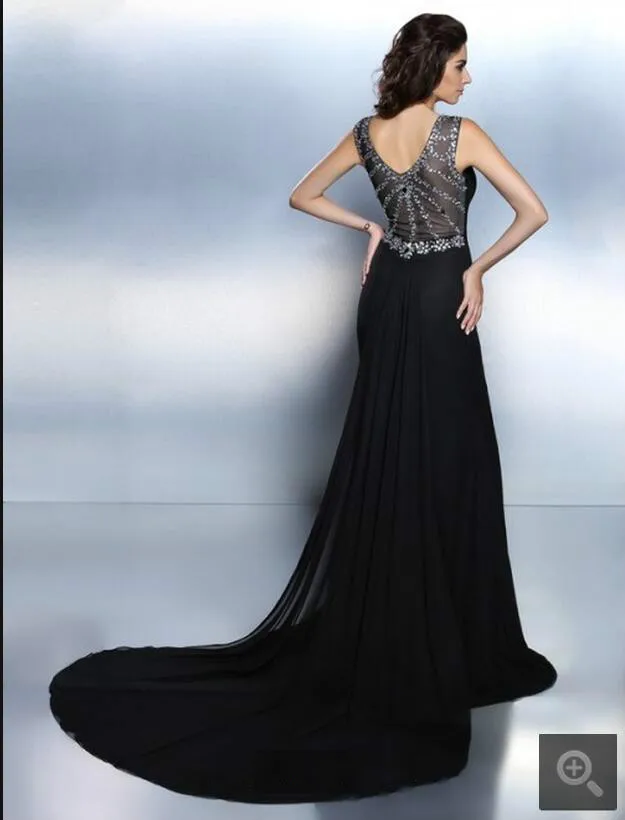 New arrival black chiffon mermaid evening dress formal celebrity gowns new sexy beading crystals sheer back | Свадьбы и торжества