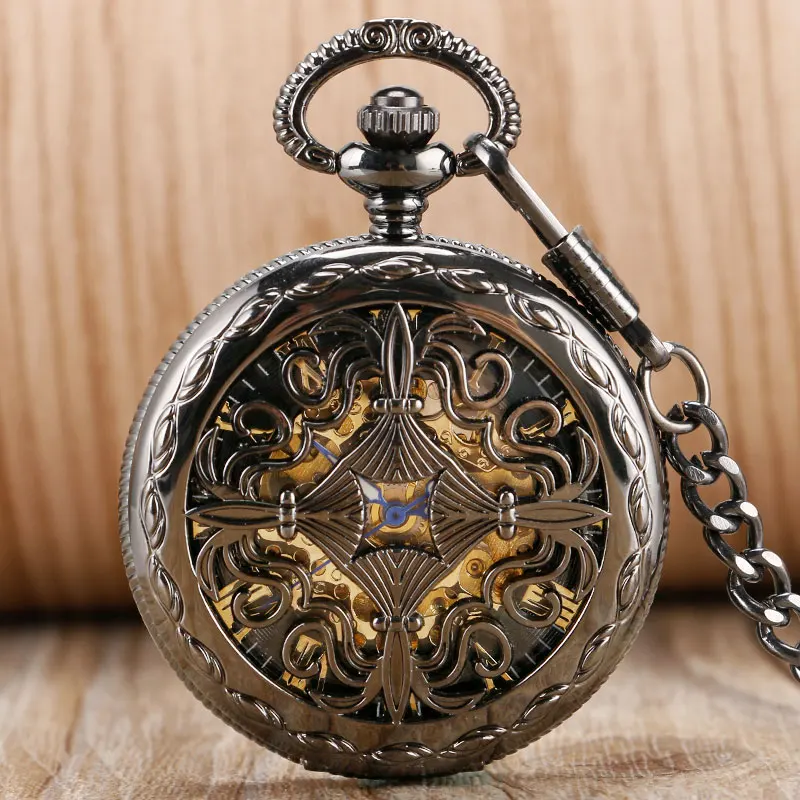 

Black Skeleton Hollow Automatic Mechanical Self Winding Fashion Flower Women Mens Necklace Chain Pocket Watch