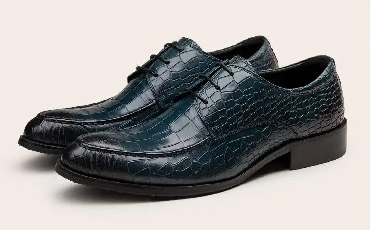 

Dress shoes men lace up genuine leather alligator print patchwork plaid smart casual derby shoes dark blue summer single shoes