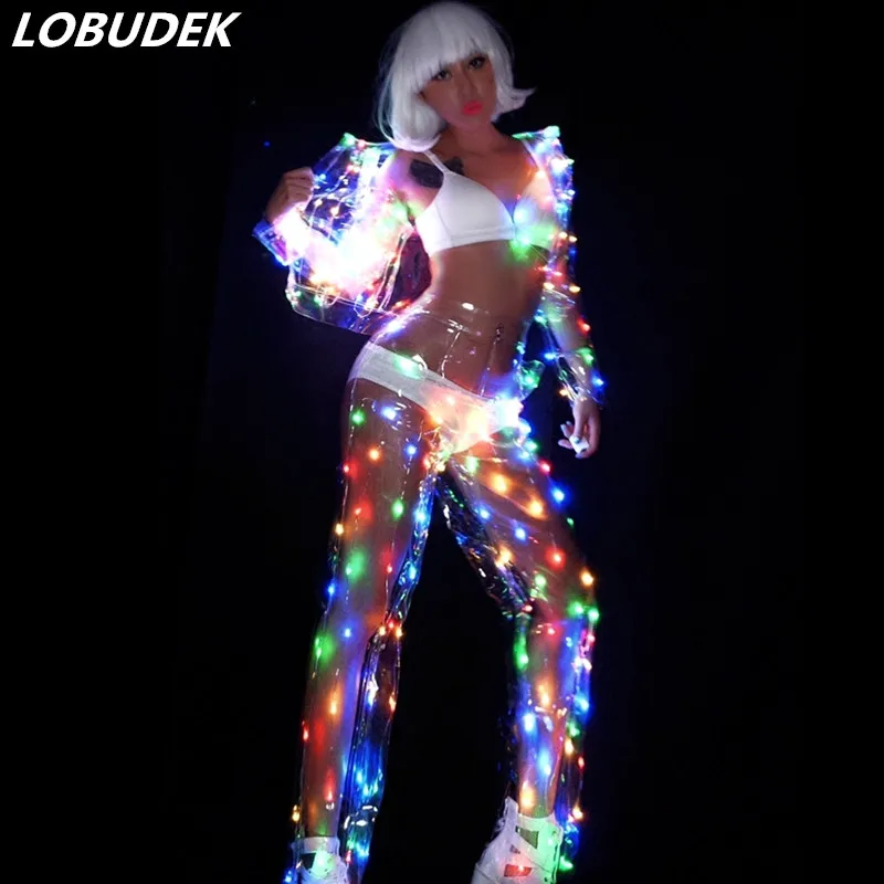 Sexy Perspective LED Sets Female Costume Color LED Light emitting lamp Performance Clothes Nightclub Singer Dancer Jazz Costumes