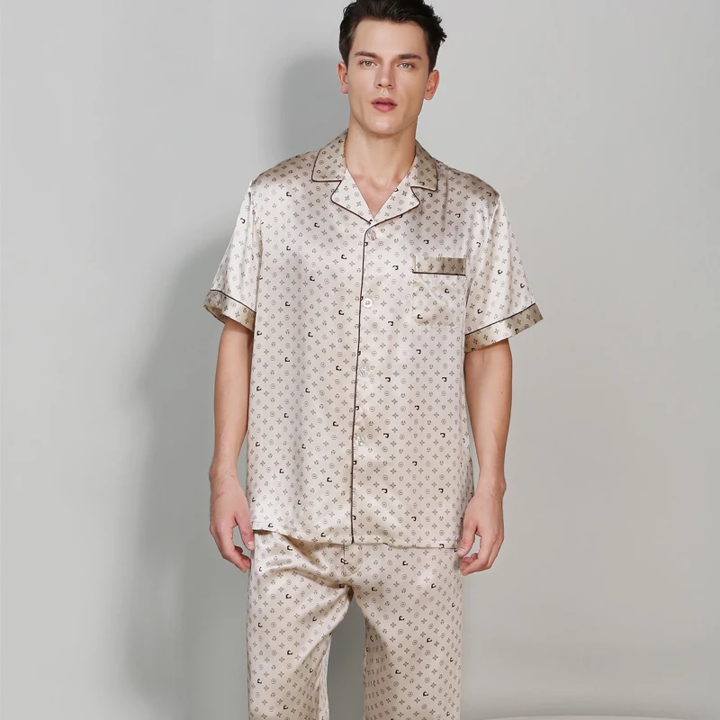 NEW Genuine Silk Pajamas Male Spring Summer 100% Silk Sleepwear Men Sexy Printed Short Sleeve Pyjama Pants Sets Two-piece