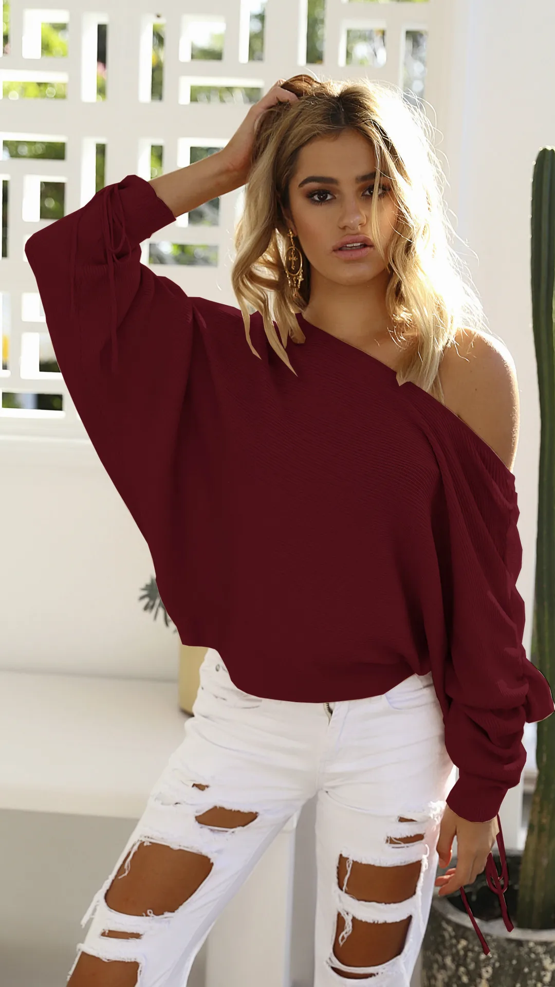 Sexy Autumn Sweater Women Fashion Casual Batwing Sleeve Solid Sweaters Long Skew Collar Knitted Top | Женская одежда