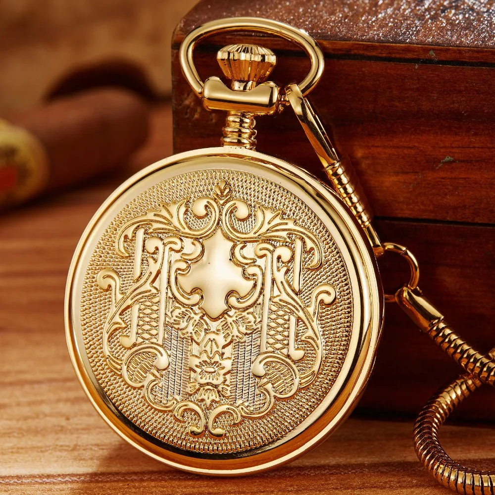 Luxury Unique Golden Luminous Mechanical Pocket Watch Men Women Fob Chain Exquisite Sculpture Copper Automatic Pocket Watch Gift