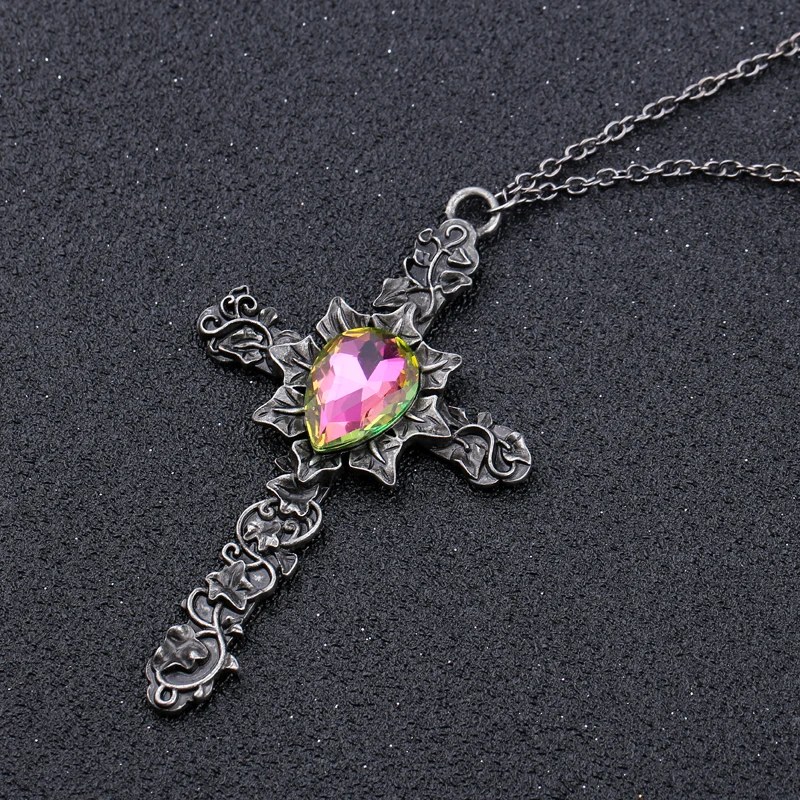 Rock Vintage Punk Jewelry Carving Cross Necklace With A Beautiful Crystal Zinc Alloy Chain Necklaces Women and Men Party Gift | Украшения и