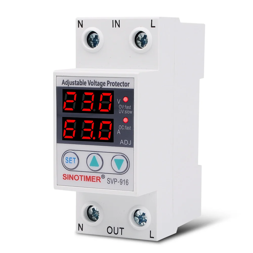 SVP-916 Over Under Voltage Relay 63A Adjustable Voltage Protector with Over Current Protection House Surge Protector Protective