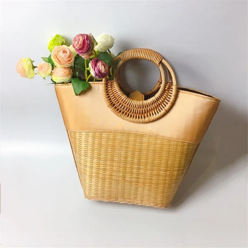 Big Capacity Bamboo Woven Handbag Fashion Shopping Basket Bag Women Handmade Rattan Circle Handle Design Retro Beach | Багаж и сумки