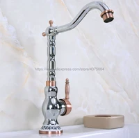 deck mounted bathroom basin single handle faucet polished chrome and red copper hot and cold bathroom sink rotable tap nnf907