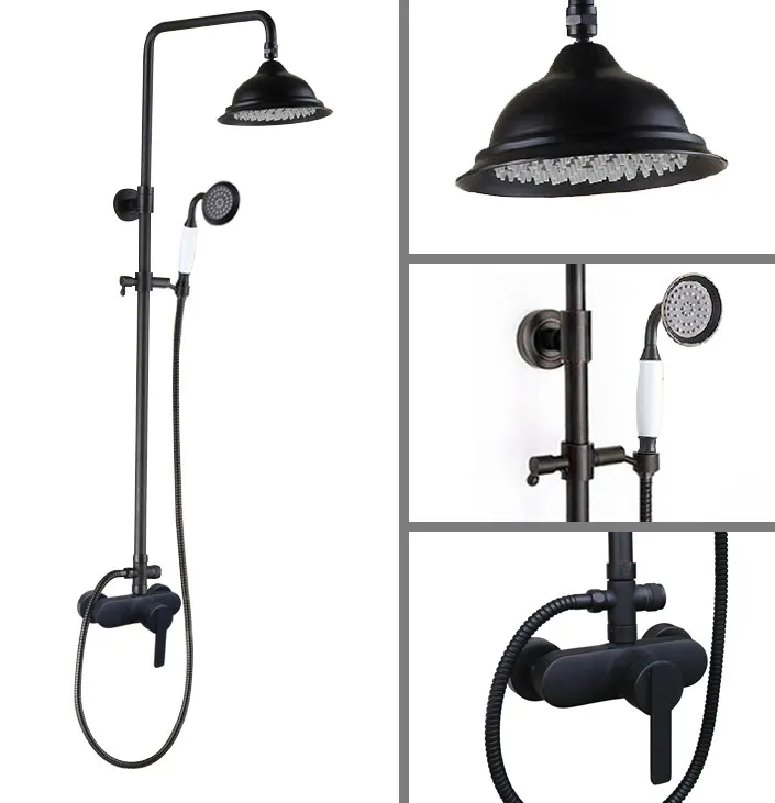 

Black Oil Rubbed Brass Single Handle Bathroom 8 Inch Round Rain Shower Faucet Set Bath Mixer Tap Hand Shower Wall Mounted mhg157