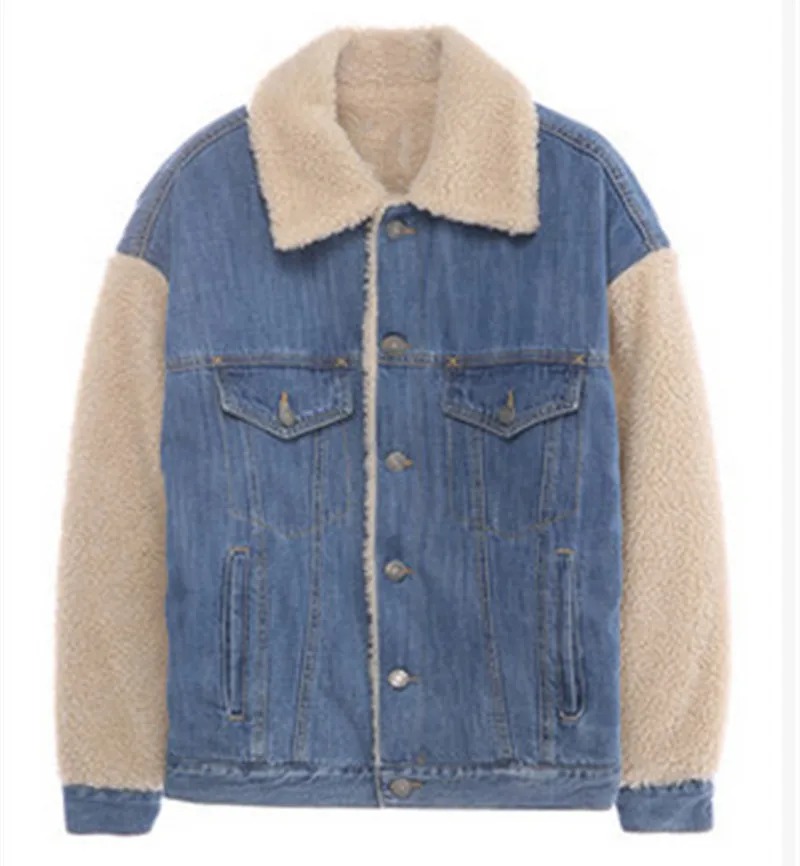 BF Стиль хлопковое пальто сращены широкий талией шерсть Меха женская джинсовая