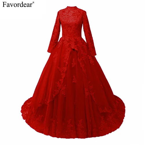 Favordear 2018 muslim evening dress kaftan dubai Evening Dresses Lace Appliques Ball Gown Long Sleeve Muslim Dress | Свадьбы и