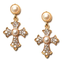 new pearl cross dangle earrings for girls women vintage statement earrings gold color earrings