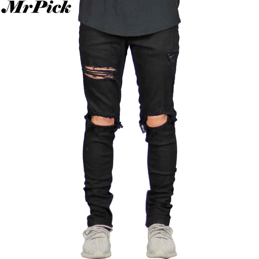 

New Men Spandex Stretch Elastic Jeans Leg Side Zipper Ripped Distressed Destroyed Fashion Casual Jeans