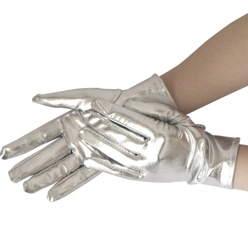 

1 Pair Silvery Sexy Wrist Length Latex Gloves Women Wet Look Fake Leather Metallic Glove Evening Party Stage Performance Mittens