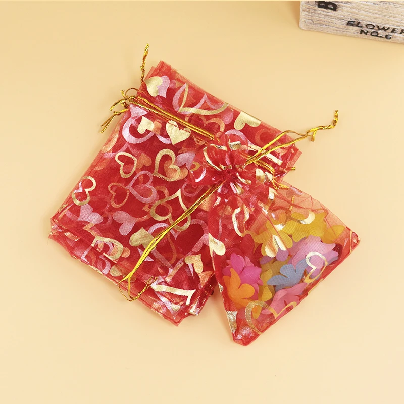 

100 шт 7x9 см Drawable Organza Сумки Сердце Красный цвет Свадьба Рождество мешок для подарков, упаковка для ювелирных изделий мешки
