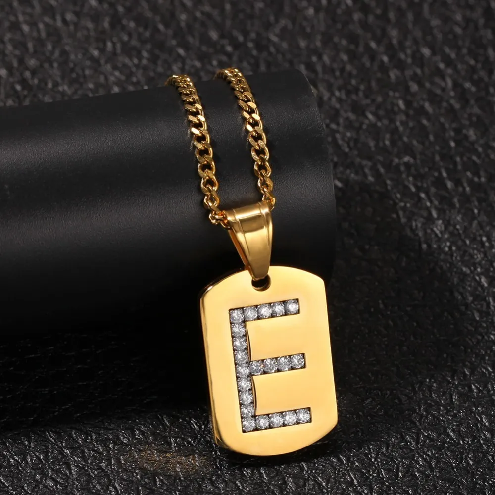 TBTK Gold Square Military Card Stainless Steel 26 Intial Letters Pendant Necklace Crystal Luxury Charm Jewelry Unisex Dog Tag | Украшения и