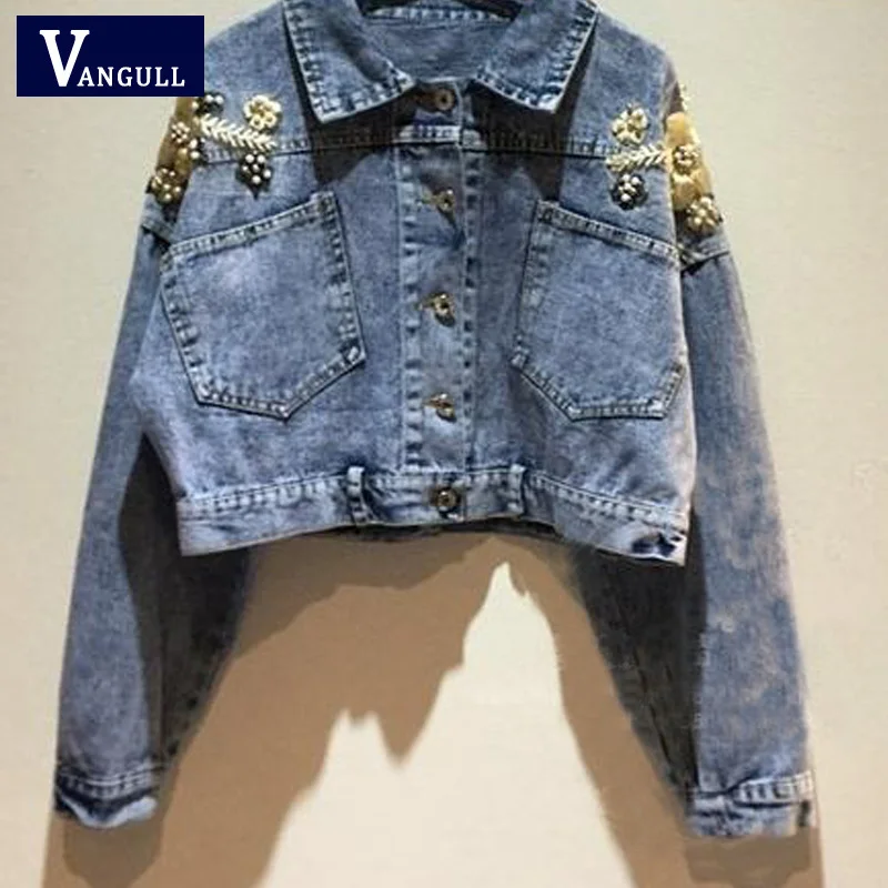 

VANGULL 2019 Autumn New Short Denim Jacket Cotton Beaded Floral Embroidery Jean Coat Loose Fashion Female High Waist Outerwear