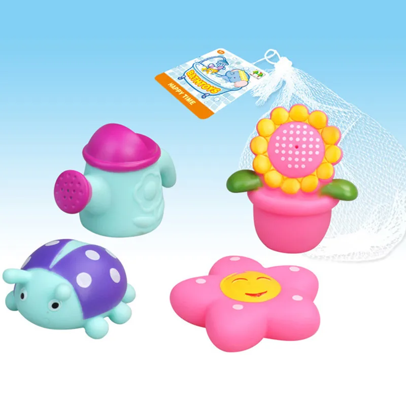 

4pcs/lot Lovely Animals Baby Bath Toys Soft Rubber Flower Star Squeeze Sound Squeaky Bathing Play Toy For Kids Children Gifts