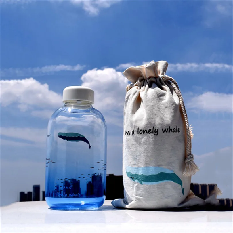 600 мл стеклянная бутылка для воды с чехлом мультяшная рисунком Кита изображением